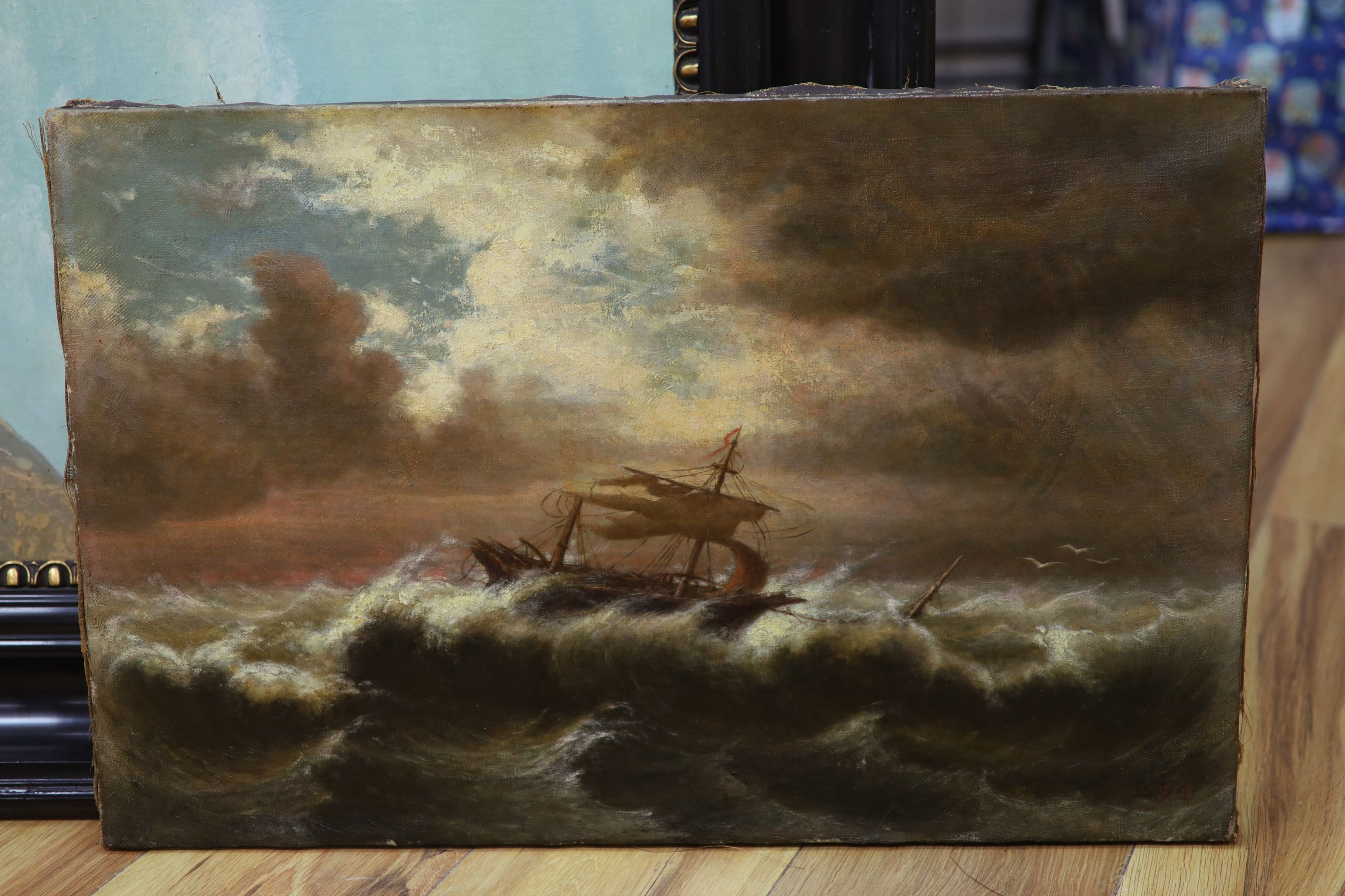 Continental School, study of a ship on turbulent waters below a breaking sky, oil on canvas, unframed, 38 x 59 cm.